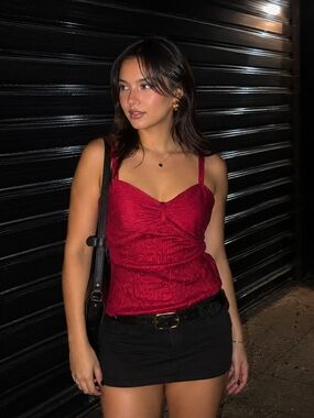 Y2K PULI Red Crinkle Cami Tank Top Stretch Ruched Party Clubwear Small Rave